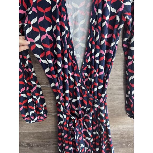 Boden wrap dress Sz 12 Geometric Midi Stretchy Comfy Tie V Neck XL - Picture 3 of 10